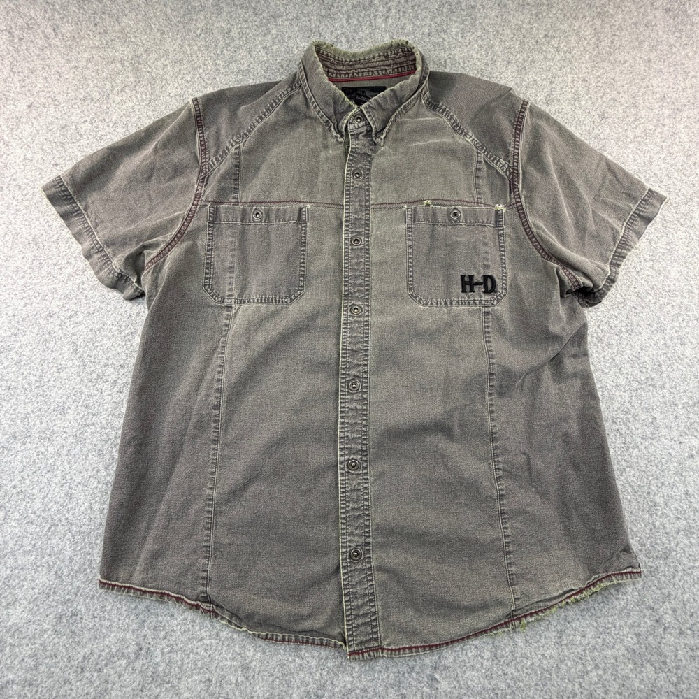 Harley Davidson Mens 2XL Gray Distressed Skull Graphic Button Down Shirt